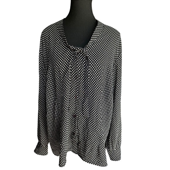 Karen Scott‎ woman plus size 2x black white dots blouse tie neck button down - Picture 1 of 5